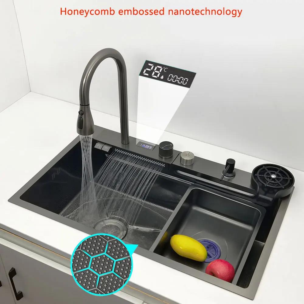 button control Left drain stainless steel kitchen sink LED display waterfall faucet honeycomb wear-resistant scratch